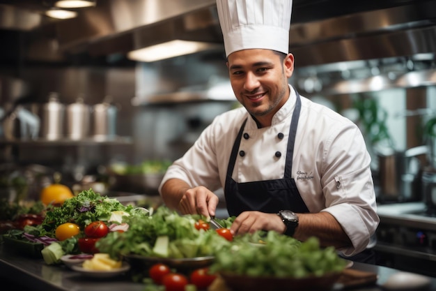 chef sorridente preparando salada na cozinha do restaurante menu de comida delicioso do restaurante