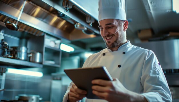 Chef sorridente usando tablet na cozinha de um restaurante