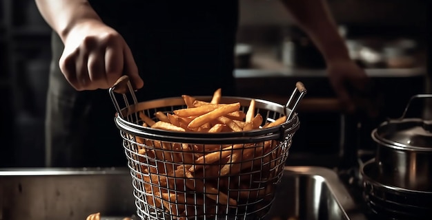 Chef sosteniendo una cesta de freidora de metal con papas fritas