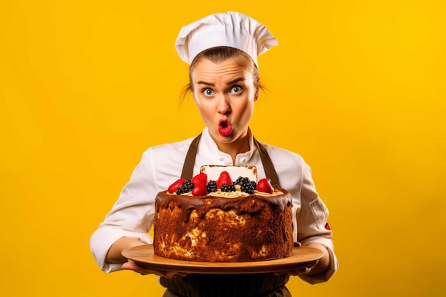 Chef sosteniendo un pastel sobre un fondo amarillo