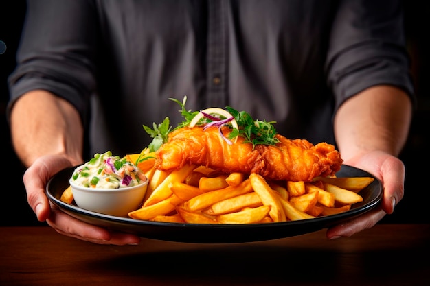 chef sosteniendo un plato de comida tradicional inglesa pescado y patatas fritas sobre una mesa de madera