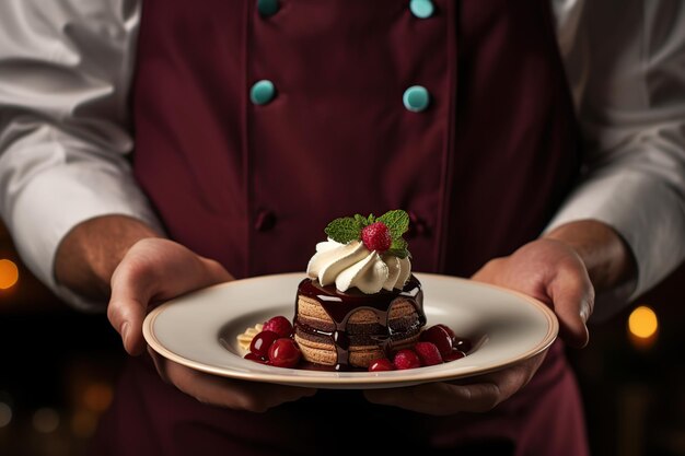 Foto chef sosteniendo plato con sabroso postre