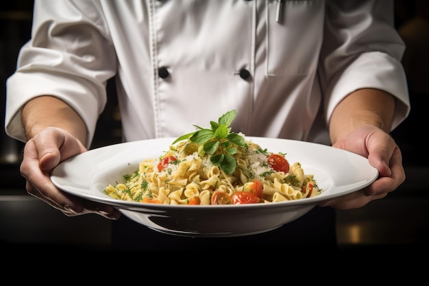 Chef sosteniendo una tentadora ensalada de pasta lista para servir