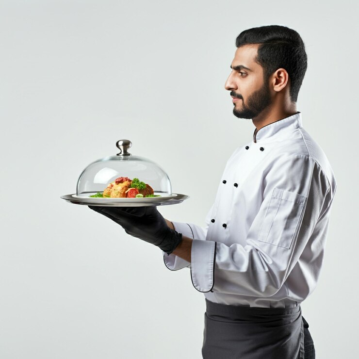 un chef sostiene una bandeja de comida con un plato de comida en él sobre un fondo blanco