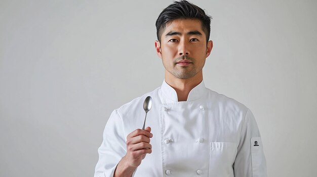 un chef sostiene una cuchara con una cuchara en la mano