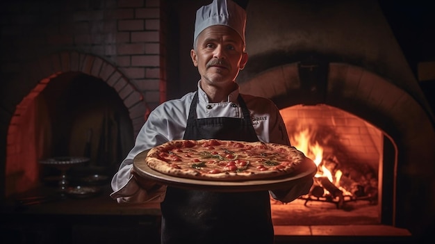 Foto el chef sostiene una pizza en sus manos pizza napolitana de un horno de leña la pizza es ia generativa