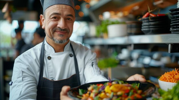 Foto un chef sostiene un plato de verduras frente a una cámara