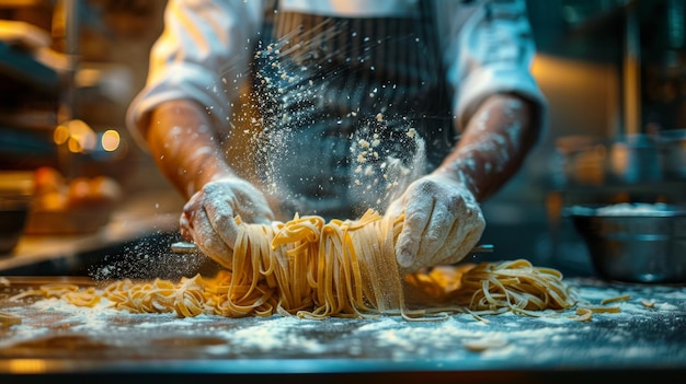 Chef spritzt Nudeln auf den Tisch