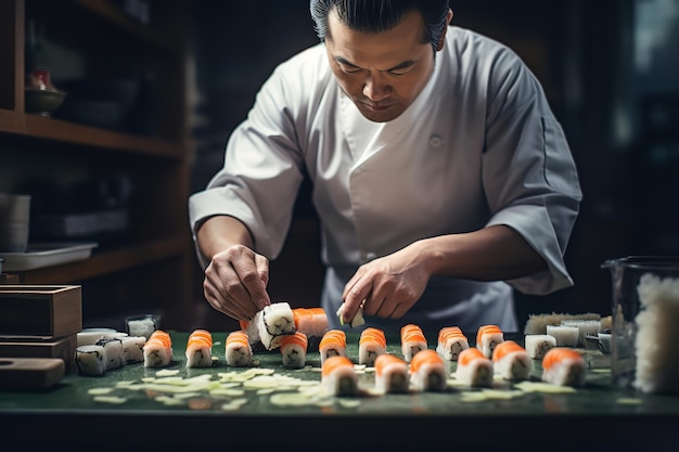 El chef de sushi hace rollos con precisión y experiencia