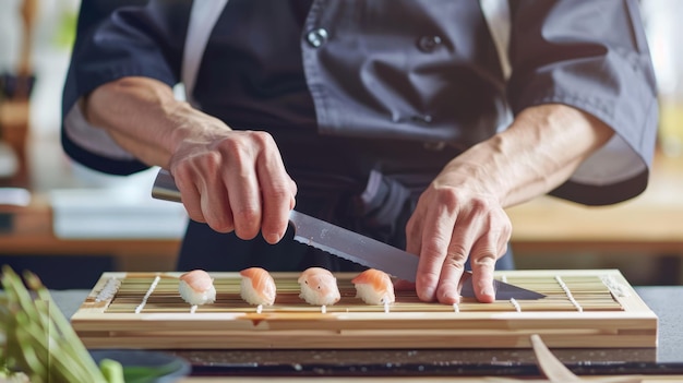 Foto chef-sushi in traditioneller sushi-chefkleidung mit einem sushi-messer und einer bambus-rollmatte