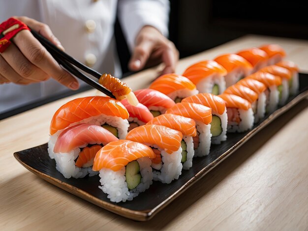 Un chef de sushi presentando un plato de nigiri fresco