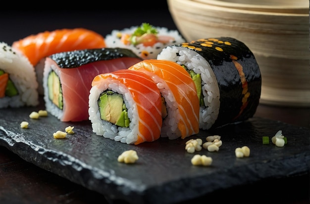 Un chef de sushi que muestra la variedad de rollos de sushi