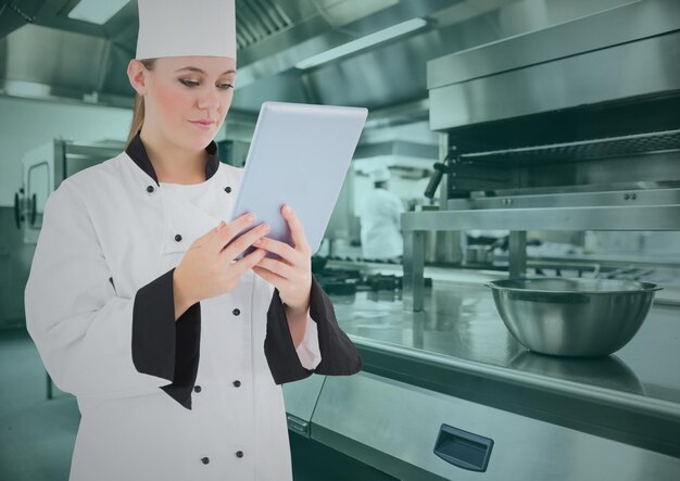 Chef con tableta digital en cocina comercial