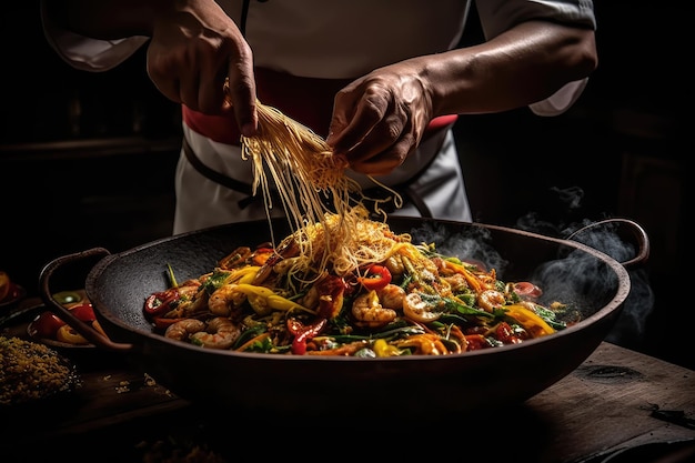 Chef tailandês StirFrying Pad Thai em Wok Generative Ai