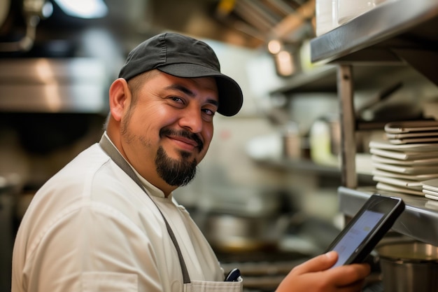 Foto chef tecnológico gerencia o inventário da cozinha com um tablet que agiliza os pedidos de supermercado