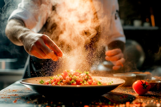 Foto chef tempera salada fresca com um sabor dramático