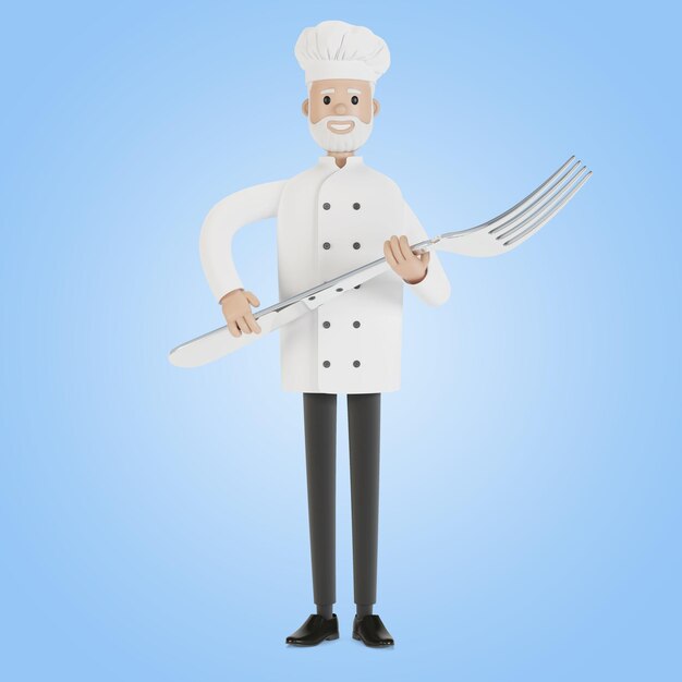 Chef con un tenedor grande. Ilustración 3D en estilo de dibujos animados.