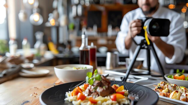 Foto un chef está tomando una foto de un plato de comida. la comida está diseñada con microgreens y el plato está en una mesa de madera.