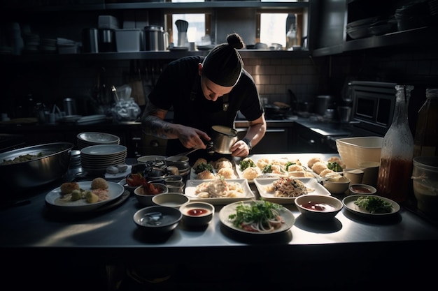 Un chef trabaja en una mesa en una cocina con muchos platos de comida.