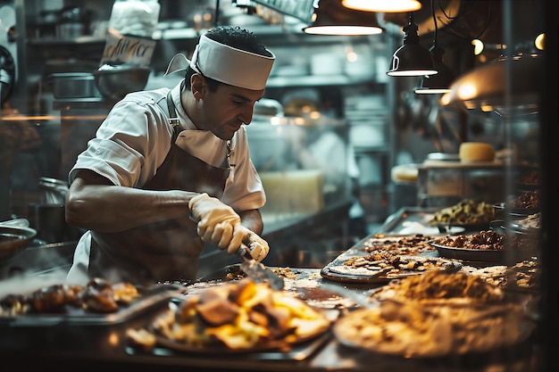 Chef en el trabajo sirviendo desayuno en un restaurante