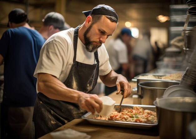 Chef trabalhando em um evento beneficente para fornecer refeições para uma comunidade