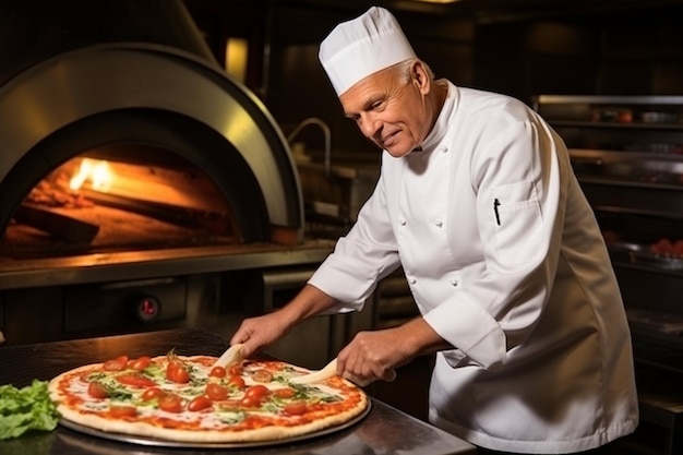 El chef en un uniforme blanco prepara una pizza.
