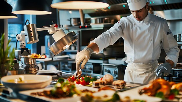 Foto un chef con un uniforme blanco está preparando un plato en una cocina comercial. está usando un soplador para caramelizar la parte superior del plato.