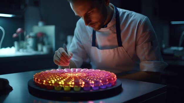 Un chef con uniforme de chef blanco está trabajando en un plato con luces de colores.