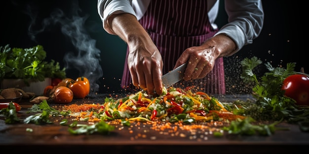 Chef usando faca cortando salada de vegetais em uma cozinha profissional