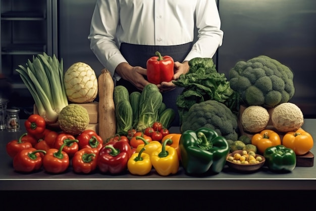 Chef usando vegetais frescos na culinária AI