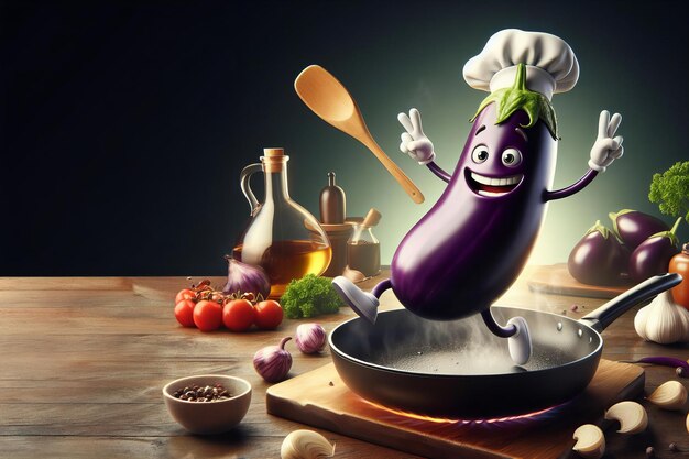 Foto el chef de verduras de dibujos animados está cocinando en una sartén con una espátula