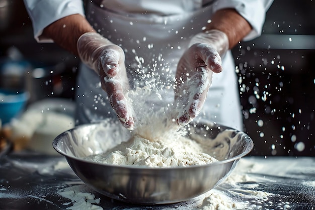 El chef vierte harina para el pan