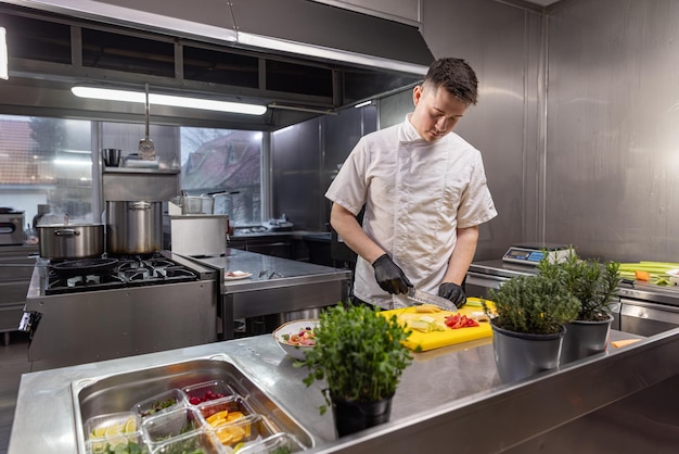 Chefe a cortar legumes frescos