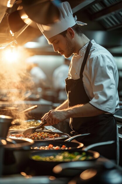 Foto chefe a cozinhar na cozinha.