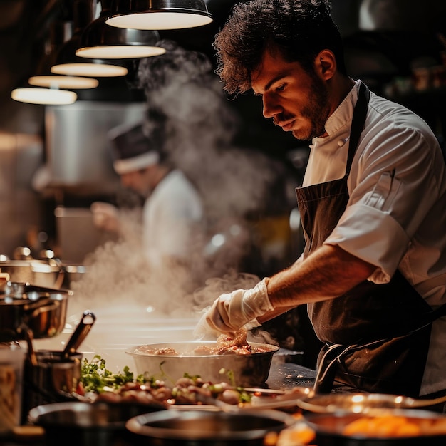 Foto chefe a cozinhar na cozinha.