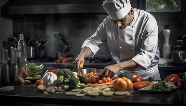 Chefe a cozinhar na cozinha.