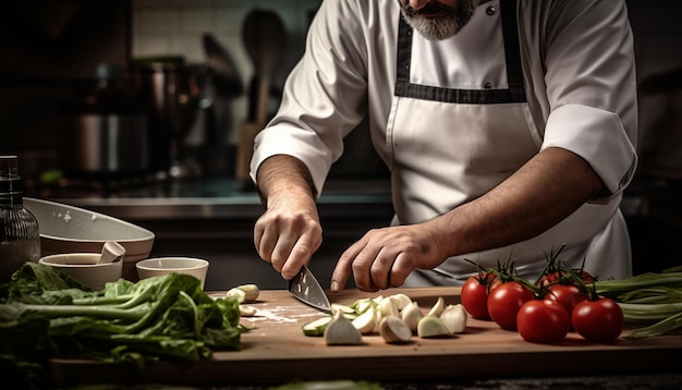 Chefe a cozinhar na cozinha.