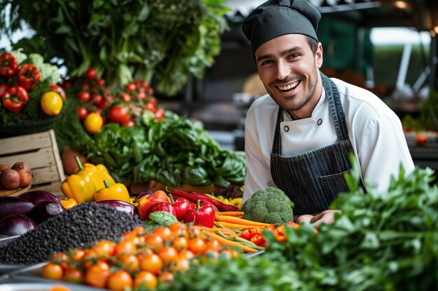 Chefe alegre com legumes