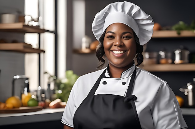 Chefe alegre na cozinha do restaurante sorrindo e olhando para a câmera