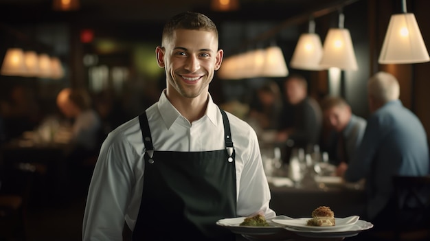 Chefe alegre num café, garçom sorridente com avental a oferecer um excelente serviço.