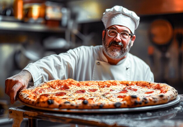 Foto chefe apresentando pizza de pepperoni recém-cozido.