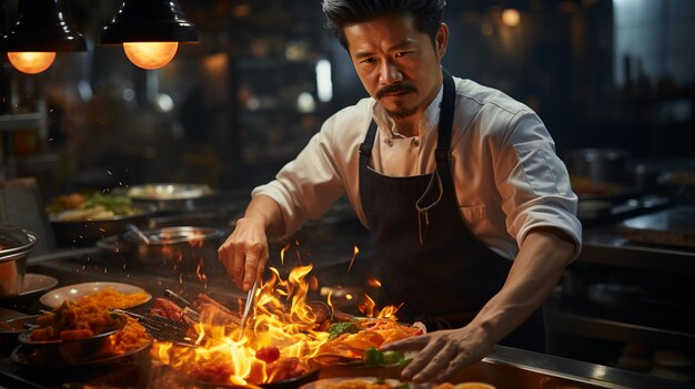 Chefe asiático a cozinhar num restaurante.