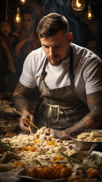 Chefe concentrado fazendo massa de pasta a partir do zero na cozinha