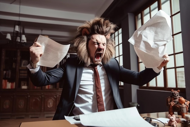 Foto chefe de cabeça de leão bravo gritando e jogando papéis ai generated