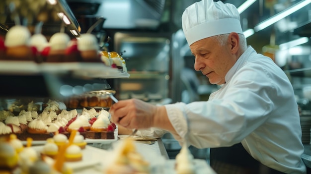 Chefe de confeitaria em uma padaria criando sobremesas visualmente impressionantes