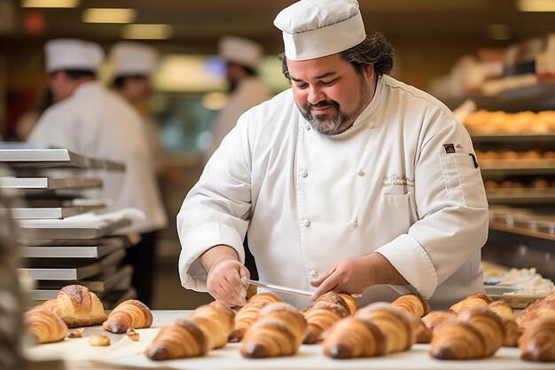 Chefe de confeitaria preparando croissants na cozinha