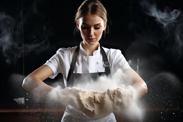 Chefe de cozinha a encharcar as mãos com farinha antes de lidar com a massa de pizza