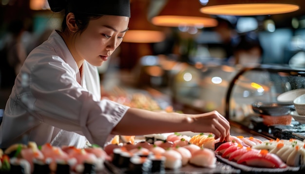 Chefe de cozinha focada a arranjar delícias de sushi.