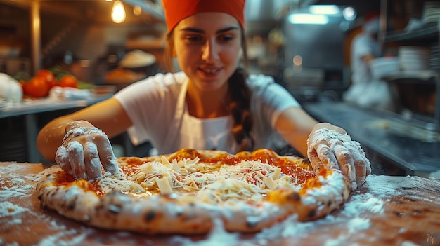 Foto chefe de cozinha prepara pizza adicionando ingredientes em pizza caseira de pizzeria italiana