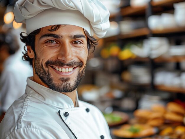 Chefe de cozinha sorridente contra o fundo da cozinha em um café